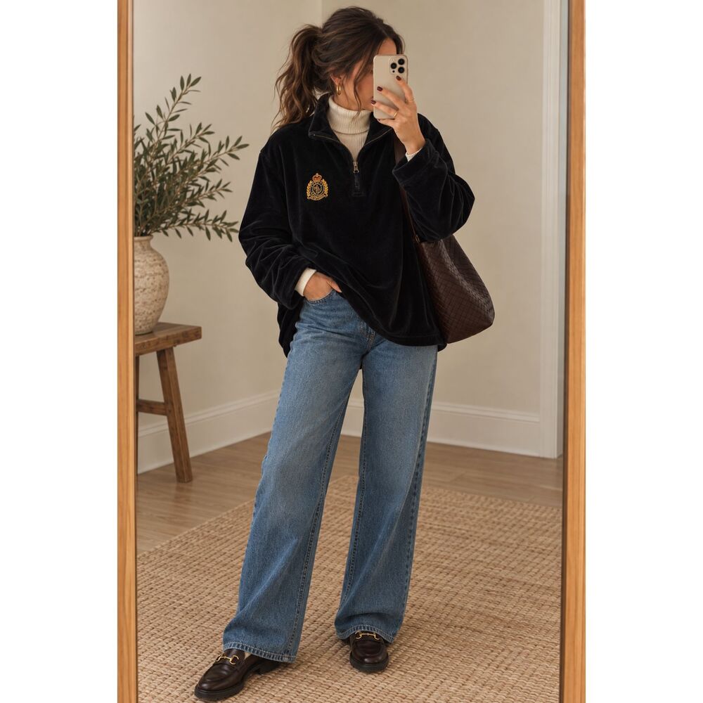 Vintage 90s Lauren Ralph Lauren 2X Black Velour Quarter Zip Crest Pullover